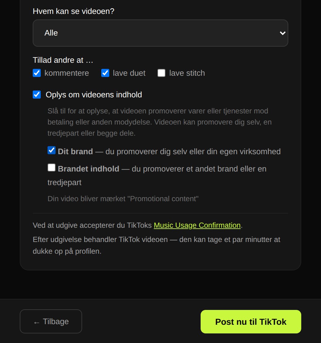 TikTok-panelet på upload-siden: hvem der kan se videoen, kommentarer, duet og stitch, oplysning om kommercielt indhold og TikToks Music Usage Confirmation lige over udgiv-knappen